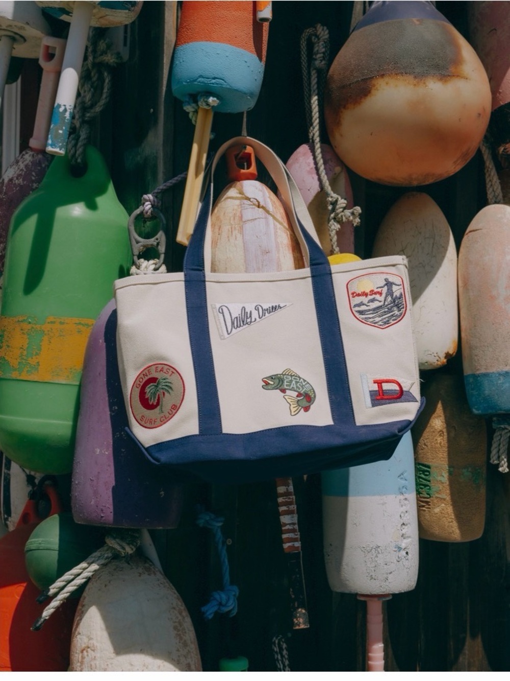 Daily Drills Canvas Duffel in Cream and Navy with Nautical Patches